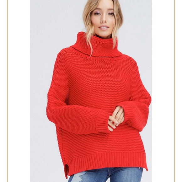 Red Extra Thick & Chunky Knit Turtleneck Sweater - Picture 3 of 8
